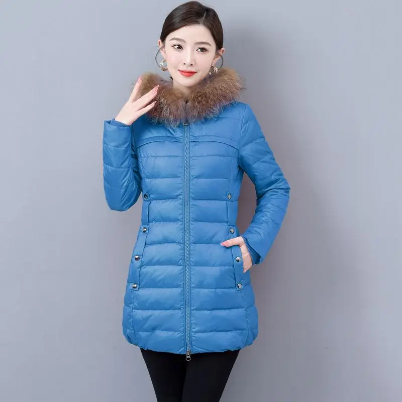 2023 New Women Down Jacket Winter Coat Female Mid Length Version Parkas Slim Fit Thick Warm Outwear Hooded Fur Collar Overcoat