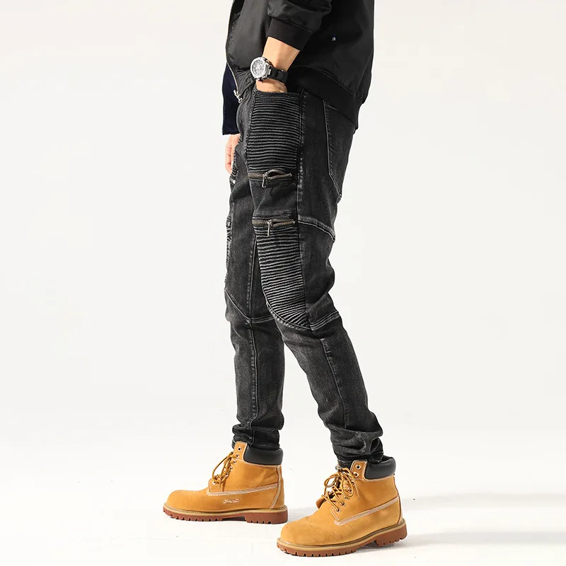 Streetwear Fashion Men Jeans Retro Black Gray Spliced Slim Fit Biker Jeans Homme Zipper Designer Stretch Hip Hop Pants Hombre