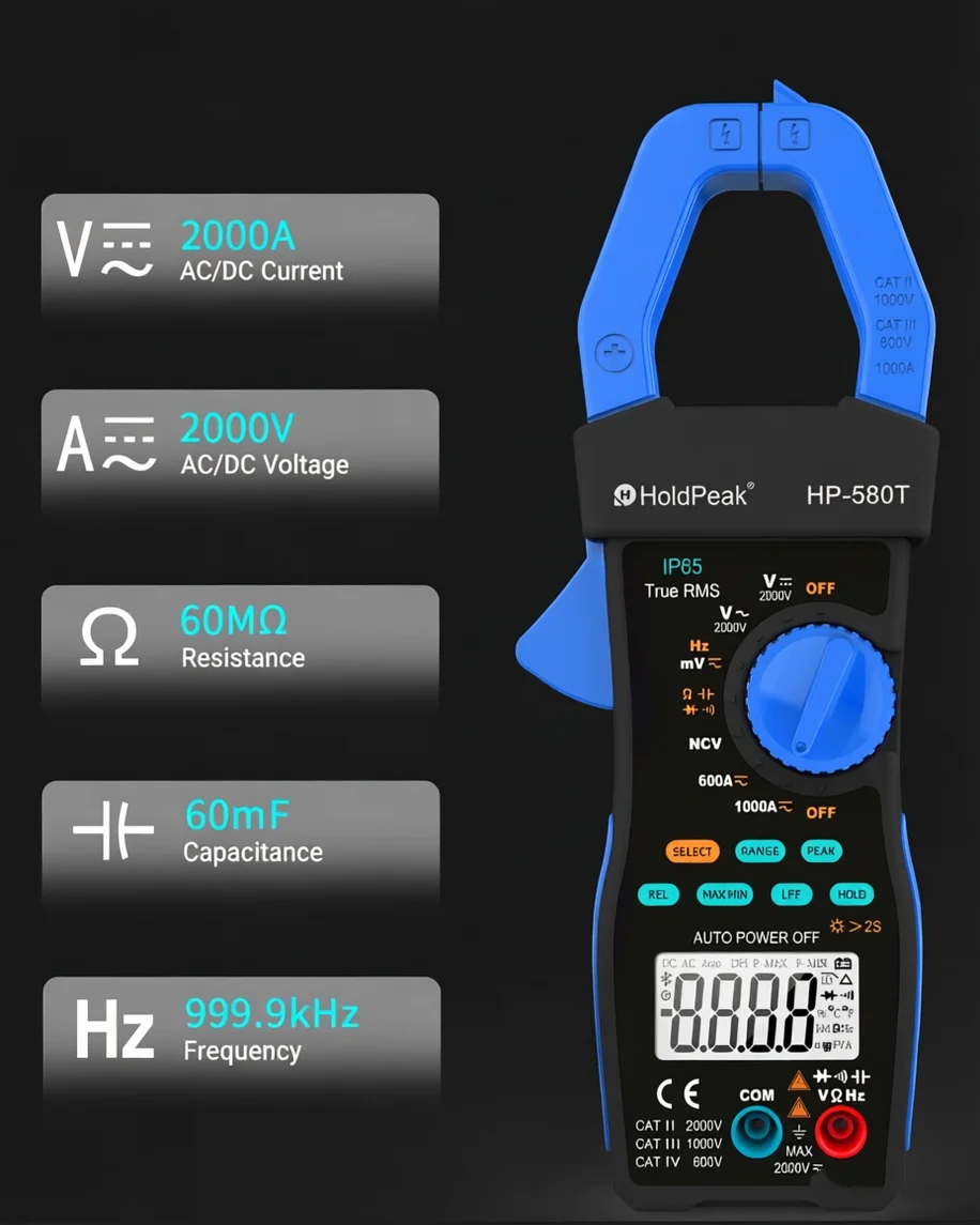 True RMS AC/DC 클램프 미터 6000 카운트, 1000A/2000V, LPF, 피크, NCV, 정전용량 측정, 태양광 및 산업용 HP-580T