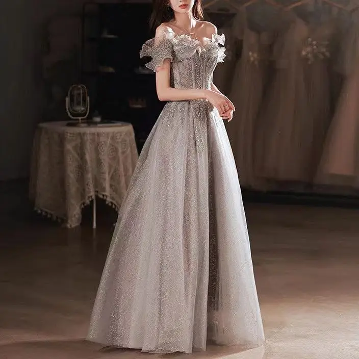 Elegant Evening Dresses Strapless A-Line Off The Shoulder Sequin Beaded Bandage Shiny Slim Backless Floor-Length Celebrity Gowns