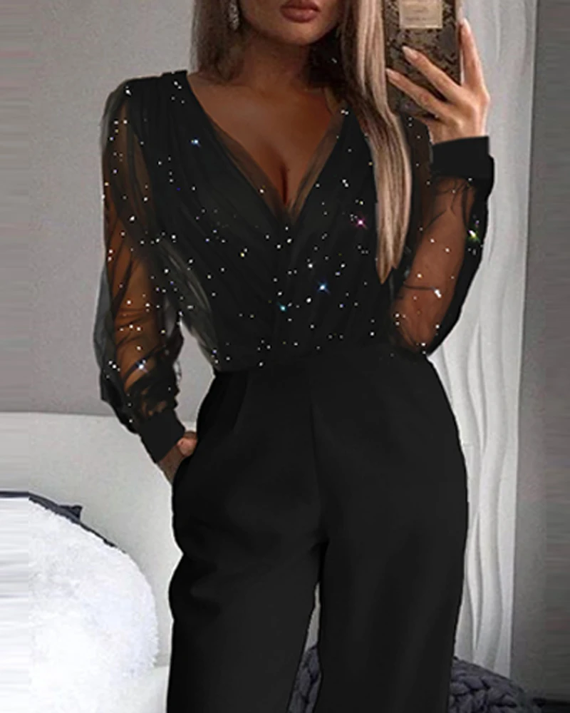 Autumn Party Women elegant V Neck Fashion Office Jumpsuit Long Sleeve Business Spring Wide Leg Pants Sequin Sheer Mesh Romper