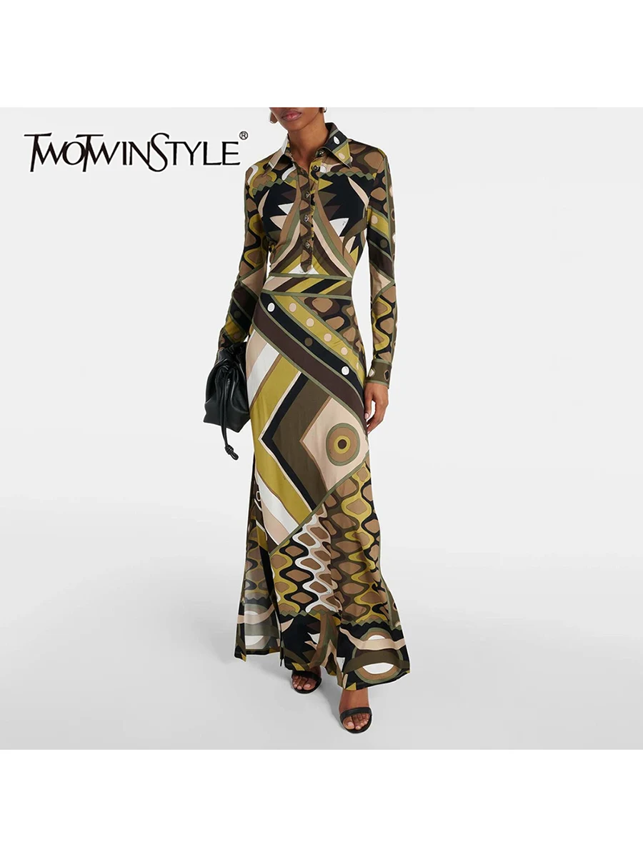 TWOTWINSTYLE Hit Color Printing Spliced Buttons Casual Dresses for Women Lapel…