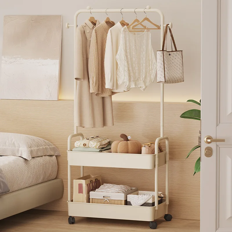 Clothes Rack Simple Ground Mounted Wheeled Mobile Hanger Multi Functional Living Room Bedroom Storage