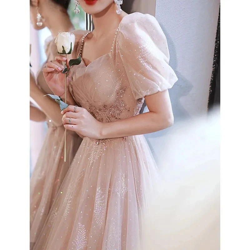 Evening Party Dresses for Women 2025 New Light Luxury High End Luxury Dress Banquet Style Champagne Long Summer Short Sleeeve LA