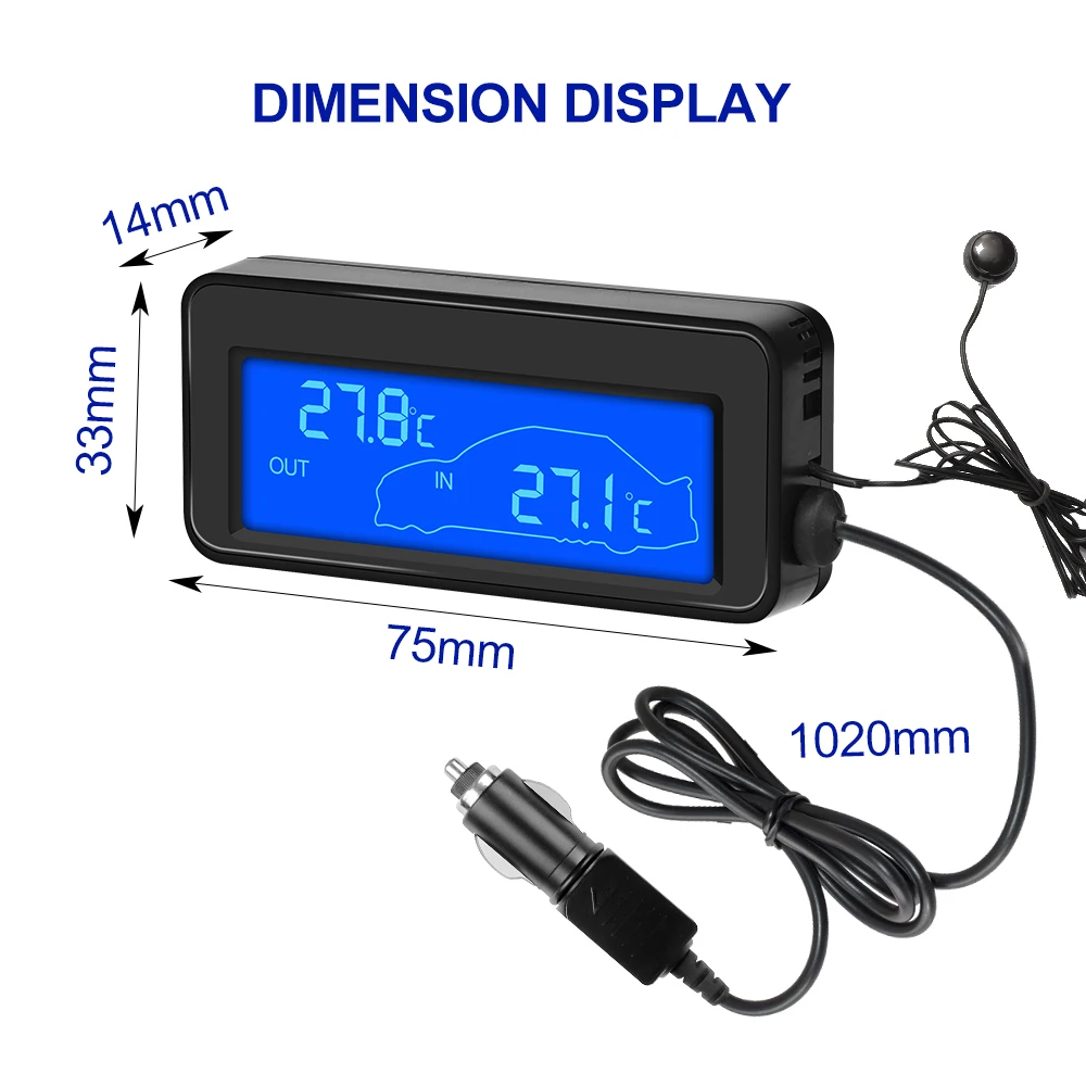Car Digital Thermometer Mini LCD Waterproof Indoor Outdoor Convenient Temperature Sensor With 1.5M Cigar lighter Cable