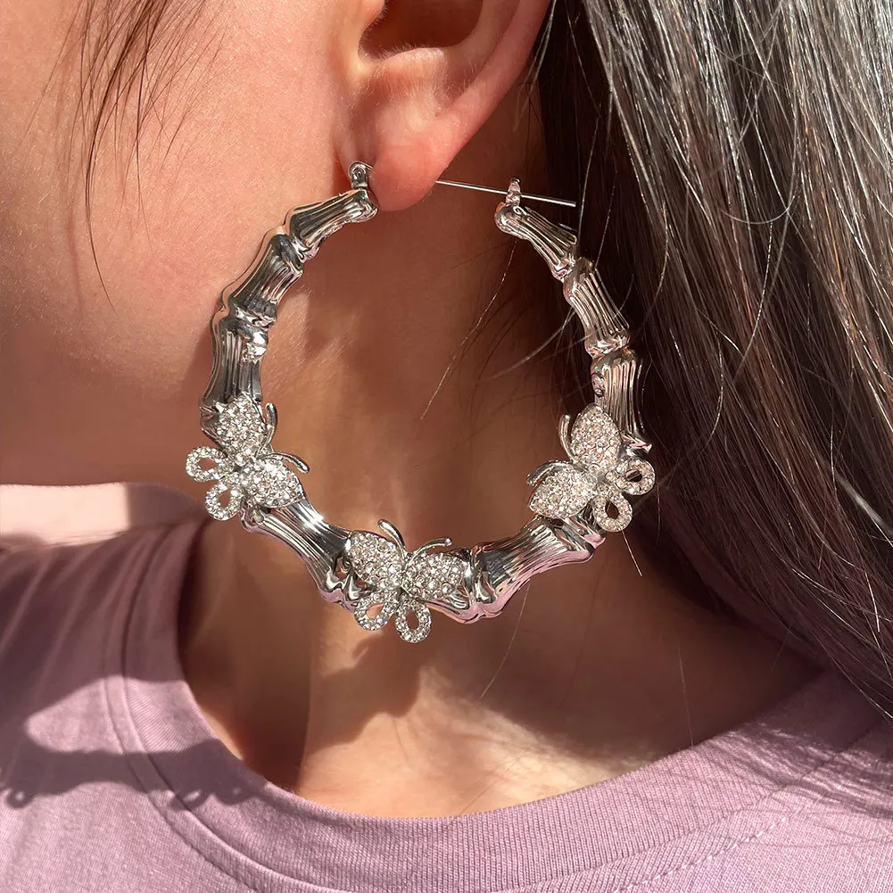 Hip Hop Simple Butterfly Bamboo Earrings Hiphop Europe and America Exaggerated Diamond Trendy Big Jewelry |