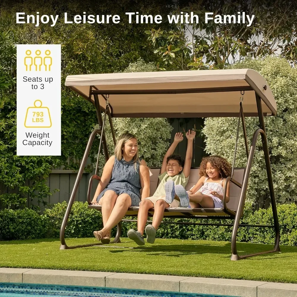 3-Person Outdoor Patio Swing Chair with Adjustable Canopy, Porch Swing with Comfortable and Breathable Seats, Outdoor Swing 2