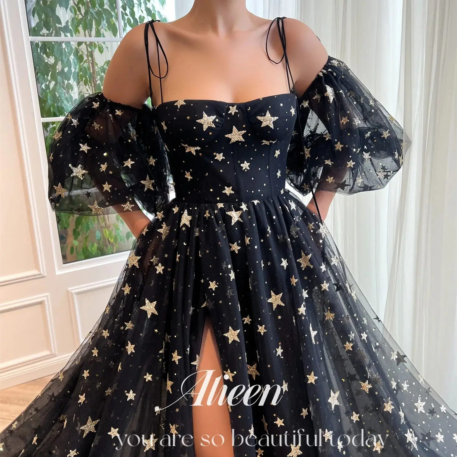 

Aileen Black Puff Sleeves Star Off the Shoulders Dresses for Special Events Elegant Evening Dress Woman Ball Gowns Prom Gown