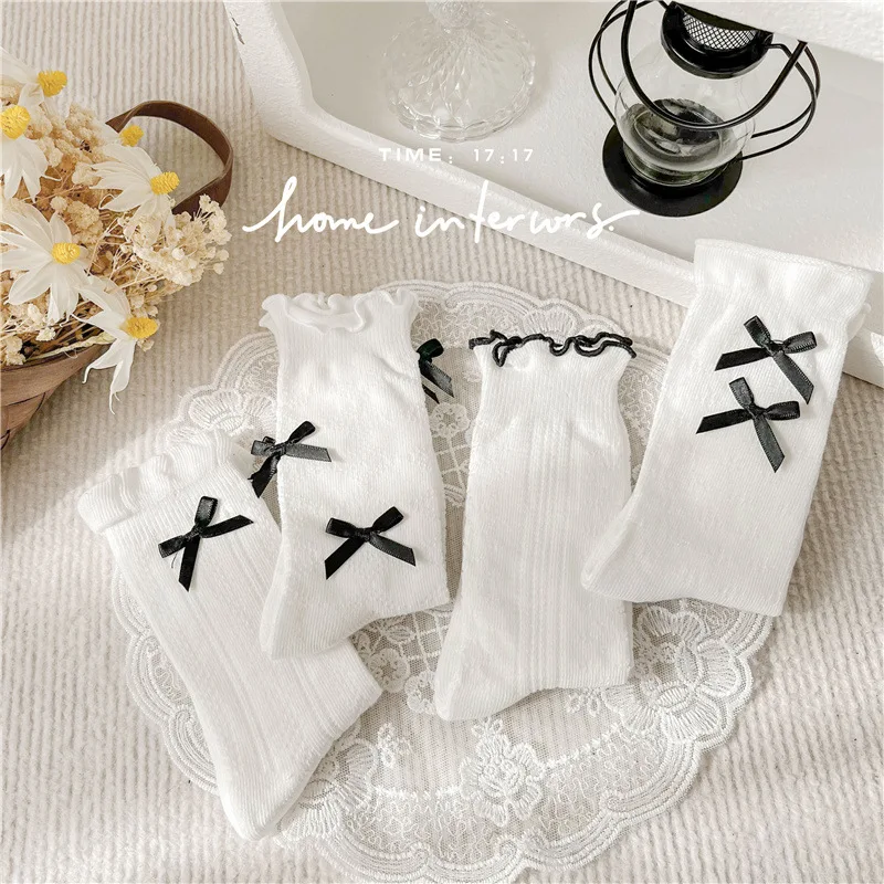 4 Pairs/lot Girls Socks Summer Spring White Princess Socks Kids Cotton Children Lolita Socks