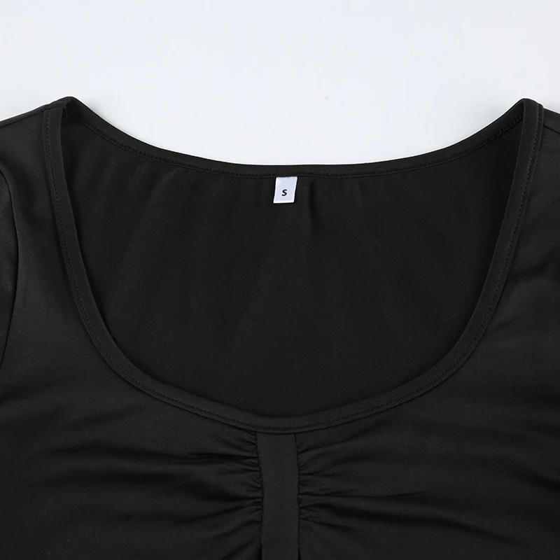 Front Ruched Skinny Long Sleeve Black Bodysuit Women Spring Autumn Solid Simple Basic Bodys Tops