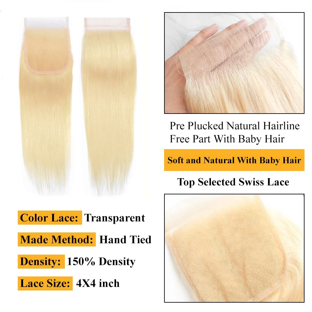 613 Honey Blonde Straight Human Hair Bundles With 4x4 Lace Closure Brazilian 100% Human Hair Bundles With 13x4 13x6 Lace Frontal 3