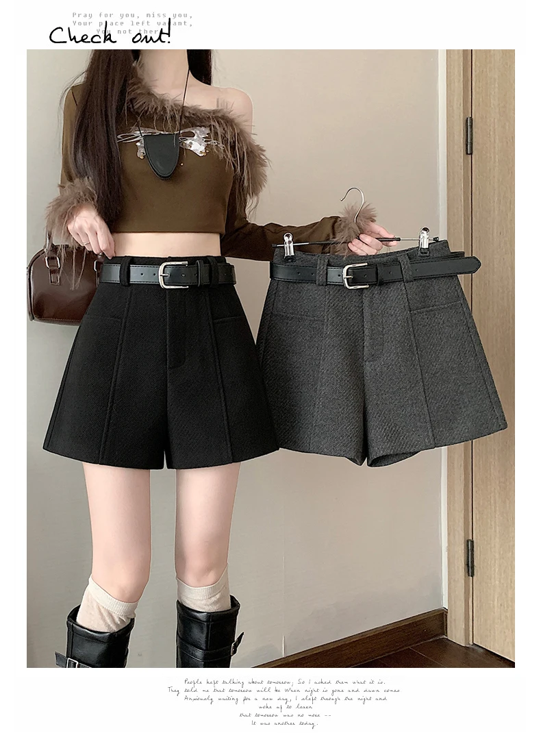 2025 Streetwear Woolen Winter Shorts Frau Casual Lose Breite Bein Kurze Hosen Femme Mit Gürtel Booty Grau Schwarz Cargo-Shorts frauen – Detail 10