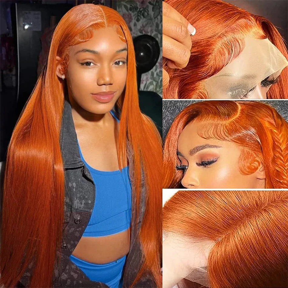 

Remy 200 Density Transparent 13x4 HD Lace Frontal Wig Straight Lace Front Wigs Human Hair Ginger Orange Black Wig Without Glue