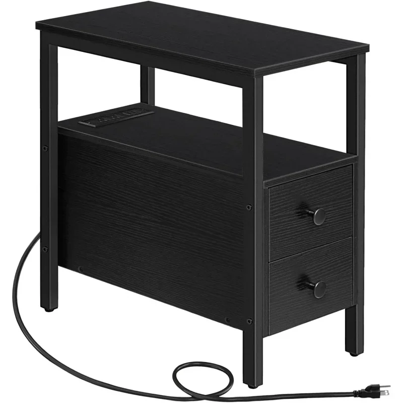 

HOOBRO Set of 2 End Tables with Charging Station, Narrow Side Table with Drawers & USB Ports & Power Outlets, Nightstand