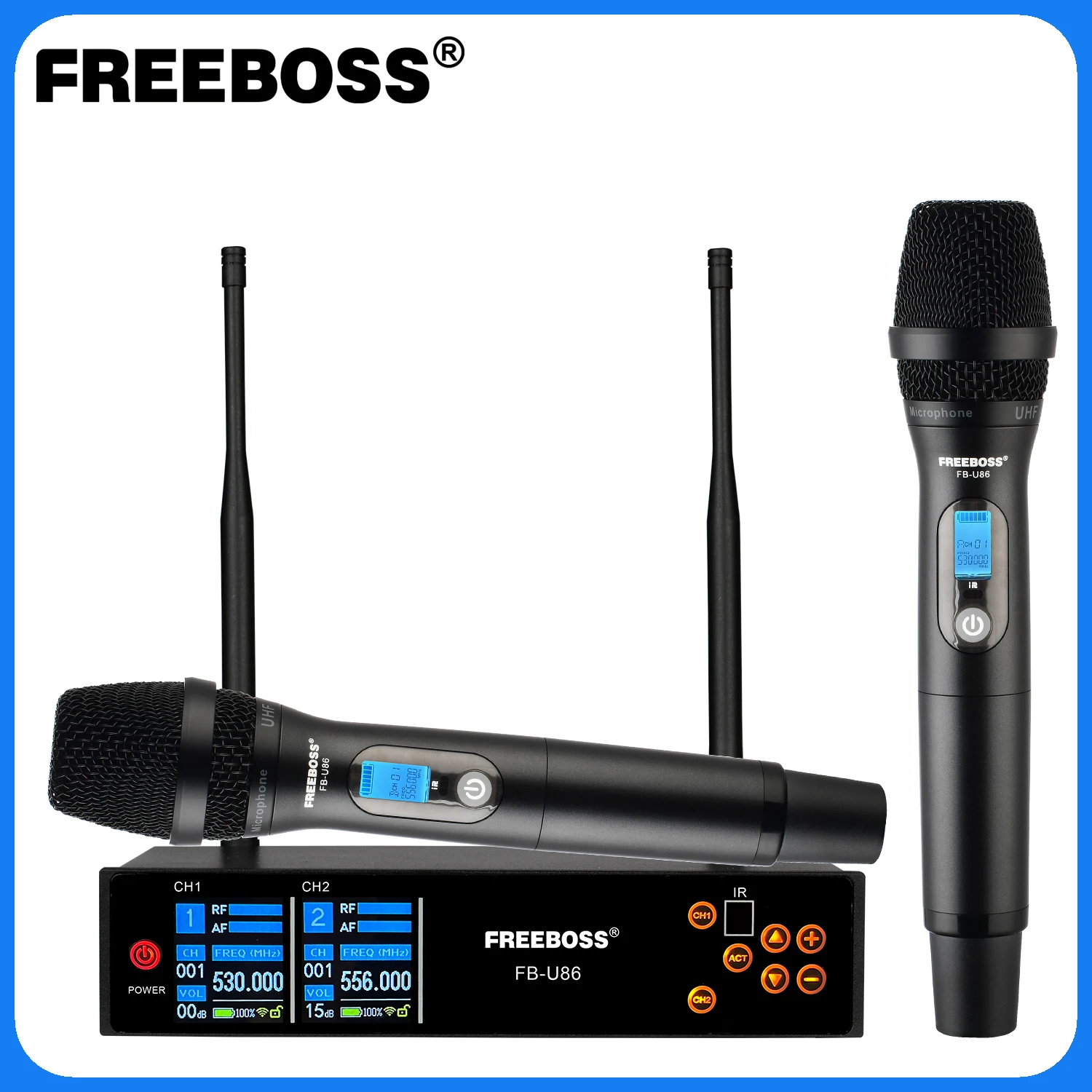 Freeboss 스테이지 무선 마이크 전문 듀얼 웨이 자동 스캔 다이내믹 마이크 2 UHF 핸드헬드 송신기, 노래방 시스템 FB-U86