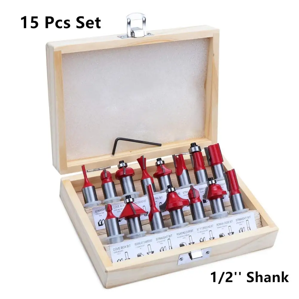 

15 Pieces Tungsten Carbide Router Bits 12.7mm 1/2 Inch Shank Wood Milling Cutter Router Bits Set with Wooden Case