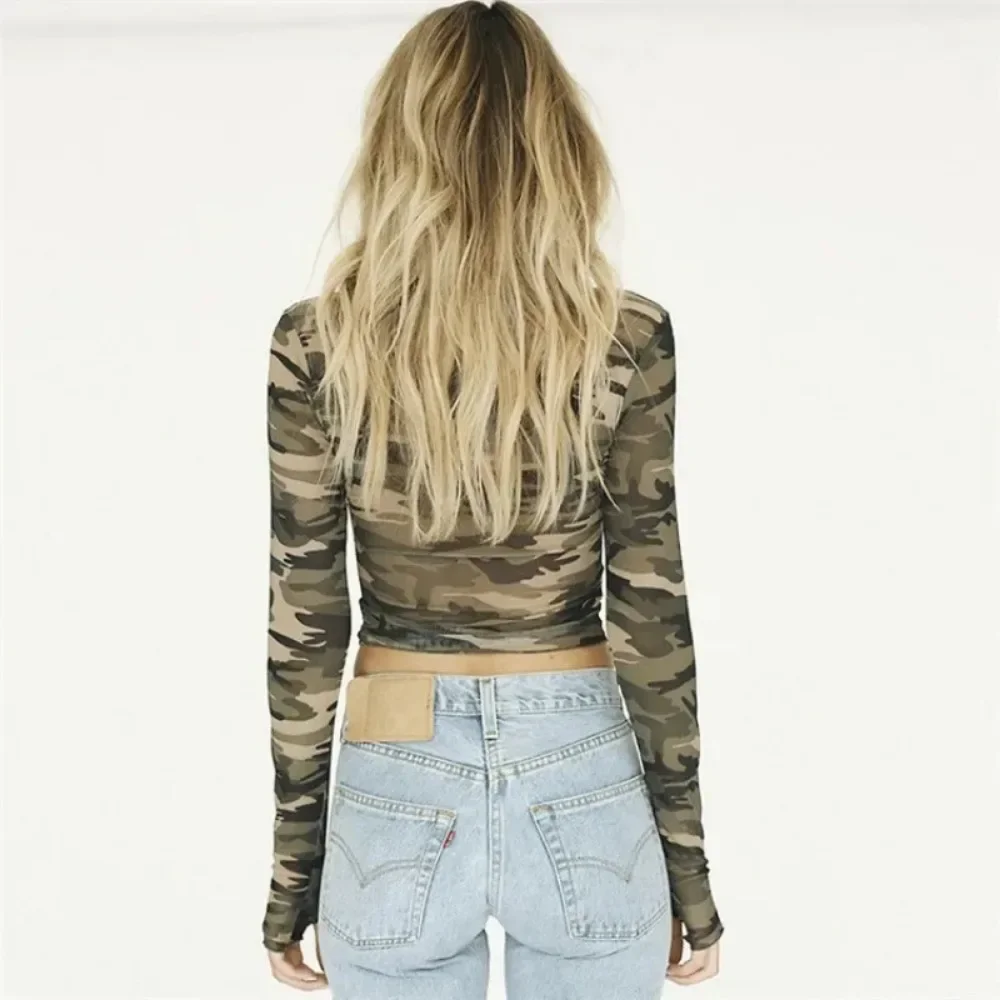 Women Crop Tops Long Sleeve Camouflage Print Tees T-shirt Fashion Mesh See Through Ladies Sexy Short Women Summer Y2k Top