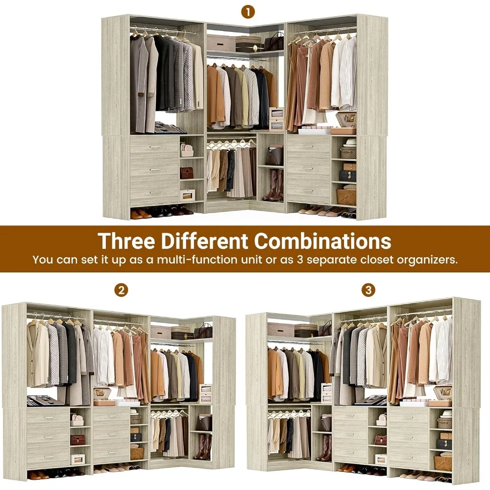 Closet System with 6 Drawers, 4 Hanging Rods & Corner Tower, Corner Closet System with Hanging,92.6" L-Shaped Walk-In, Wardrobes 3