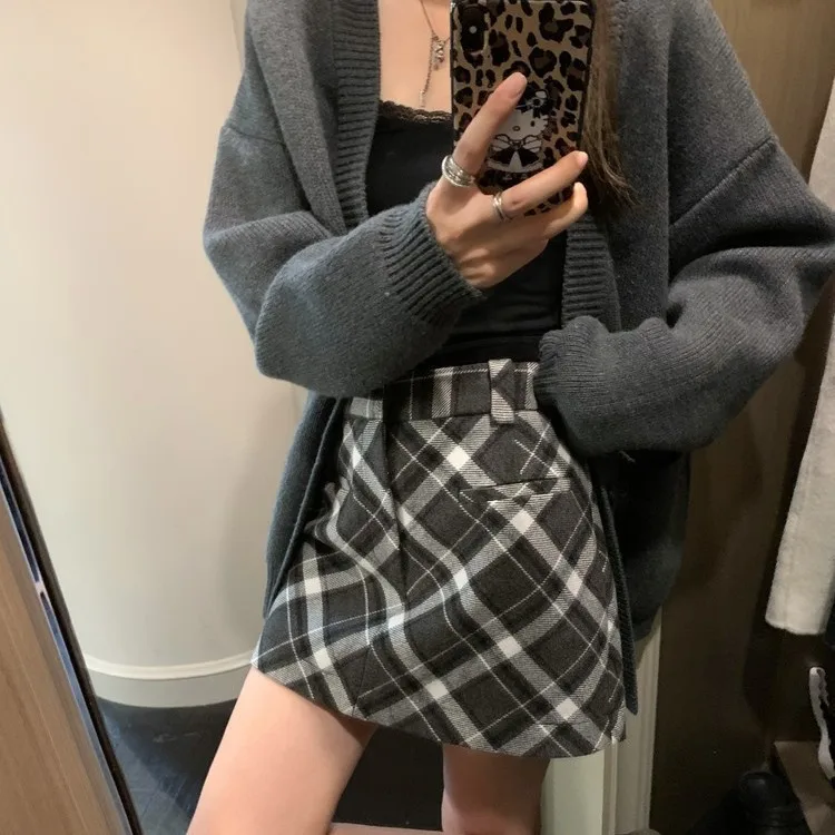 

Retro Plaid Woolen Skirt Women 2023 Autumn New High Waist Slim A line Mini Skirt