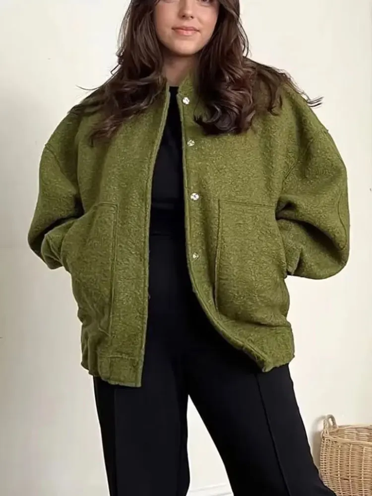 HH Women Elegant Solid Coat Button Long Sleeve Pocket Bomber Jacket Autumn Winter Female Casual Loose Streetwear Coats