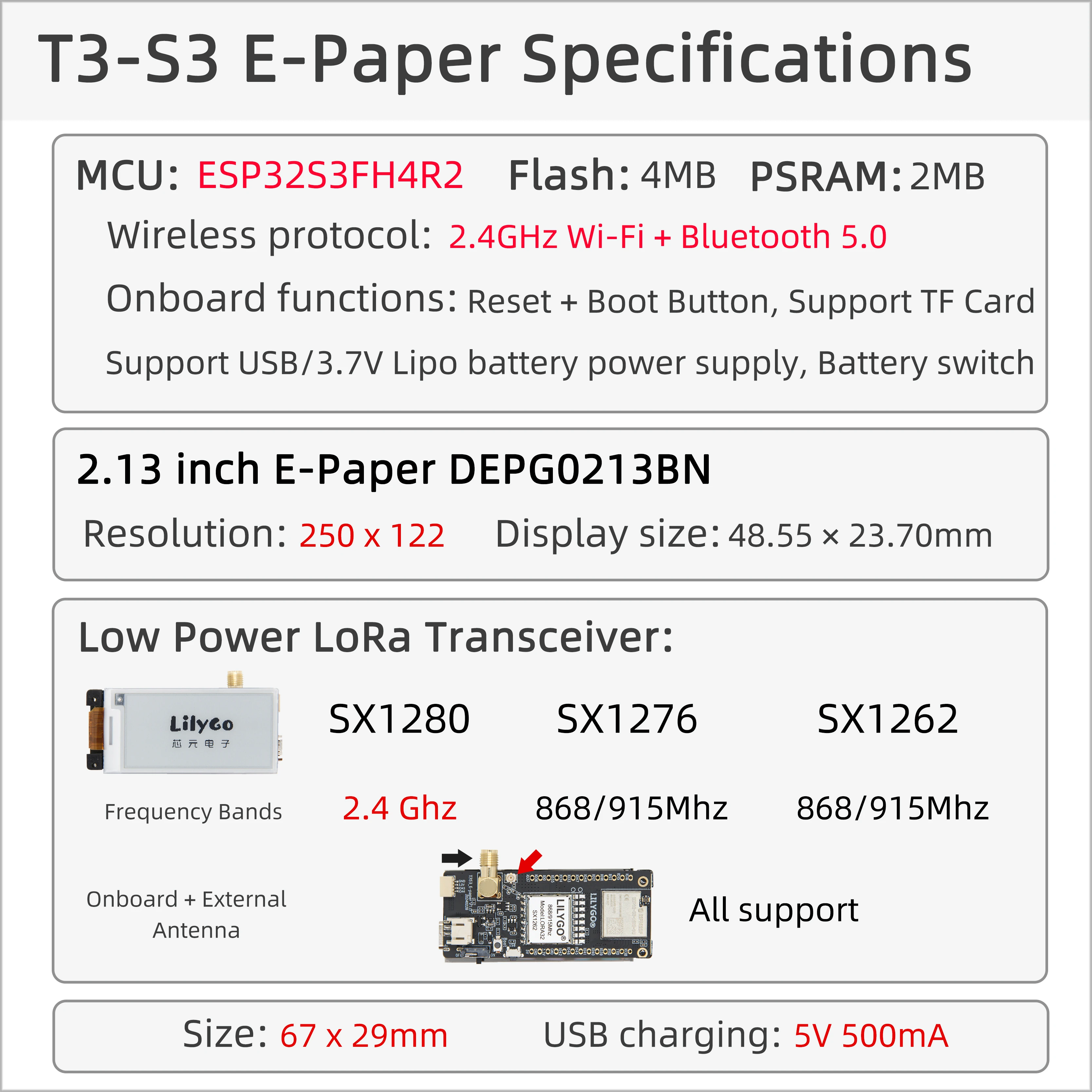 ® T3S3 E-Paper ESP32-S3 LoRa Development Board SX1280 SX1262 SX1276 2.4G 868MHz
