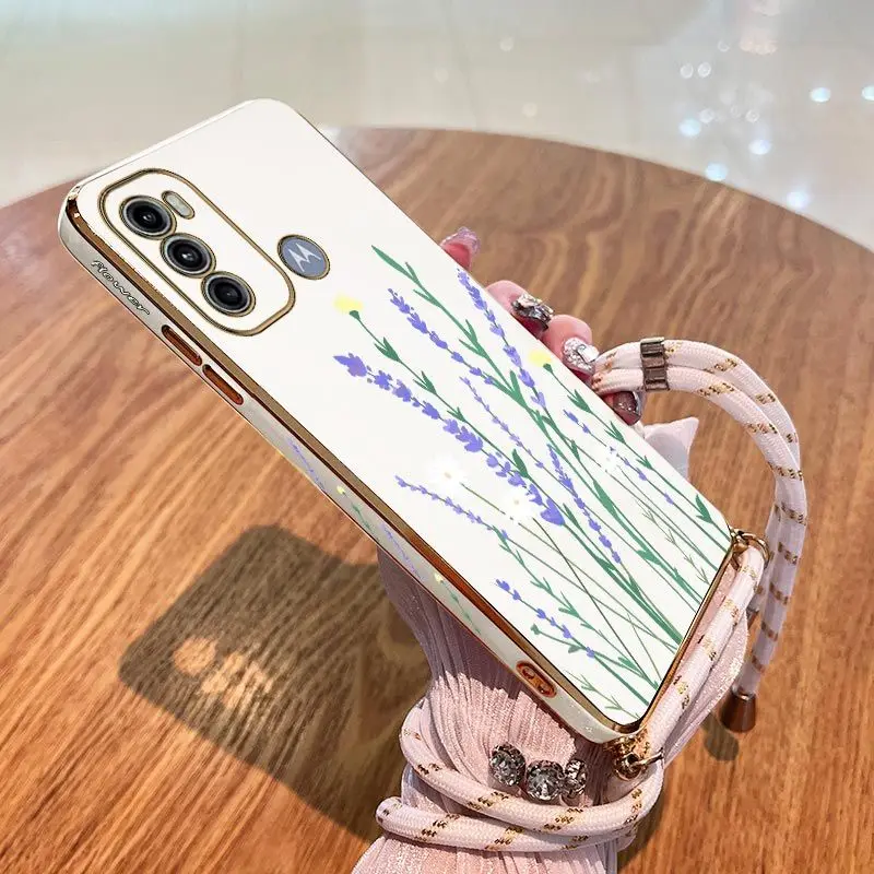 

Daisy Lavender Lanyard Plating Phone Case For Motorola Moto G60 G53 G50 G42 G30 G20 G22 G52 E20 Plus G9 Play G8 Power Cover