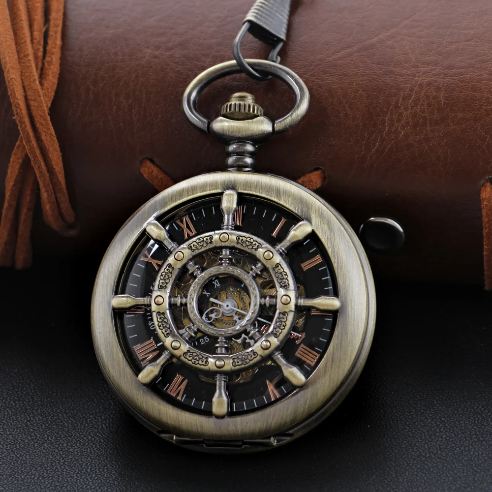 

Vintage Pirate Ship Rudder Mechanical Pocket Watch with Fob Chain Roman Digital Dial Fashion Pocket Watch Men's and Women's Gift