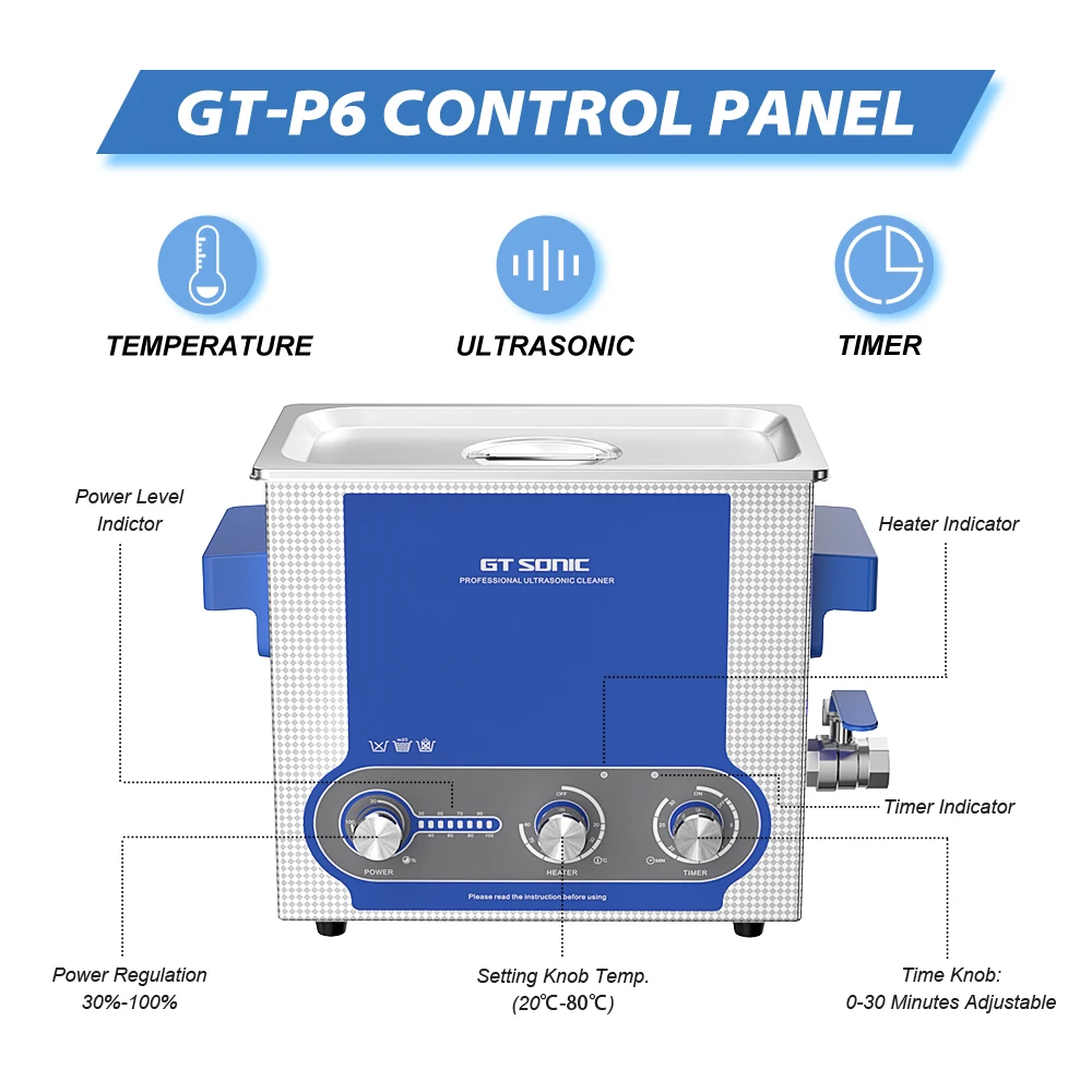 GT SONIC 초음파 세척기 디지털 제어판, PCB 금속 부품용 초음파 세척 욕조, 가열 타이머, 탈기 장치, 6L 노브, 150W
