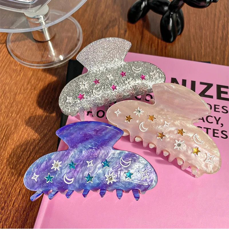DuoShang Sweet Rhinestone Stars Moon Acrylic Hair Claw Light Luxury Claw Clip Crab Hair Clip for Women Girls Hair Accessories