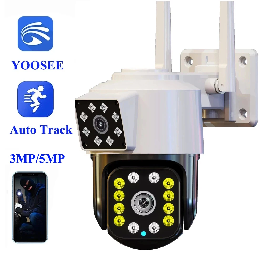 YOOSEE HD IP-камера 5MP с двойным объективом IP66 наружная Водонепроницаемая с автослежением двухстороннее аудио цветное ночное видение Wifi PTZ-камера