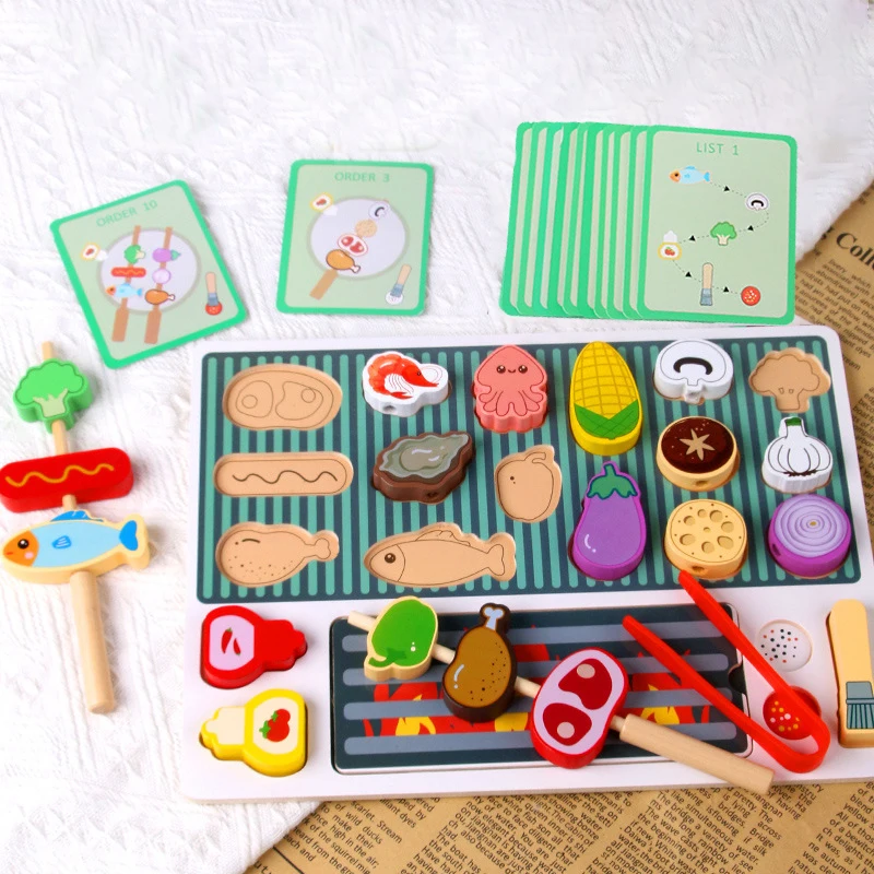 Wooden BBQ Grill Toy Set Montessori Cooking Experience Barbecue Simulation Food Wooden Play House Toys Gift Kids
