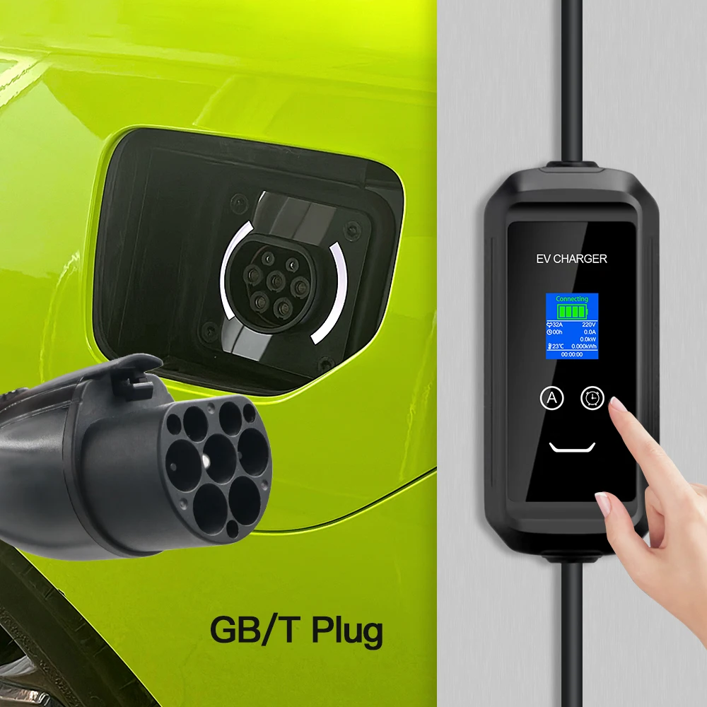 Chiefleed Adjustable EV Charger GBT Standard 16A3.6kw 32A 7.2kw With Schuko CEE Blue Power Plug 5m Long 220V Display Screen IP66
