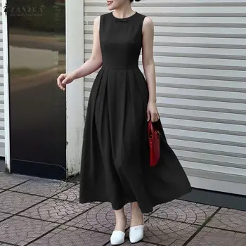 2026 ZANZEA Summer Stylish Holiday Tank Dress Sleeveless Women Sundress Elegant Solid Pleated Work Dresses Waisted A Line Robe 1