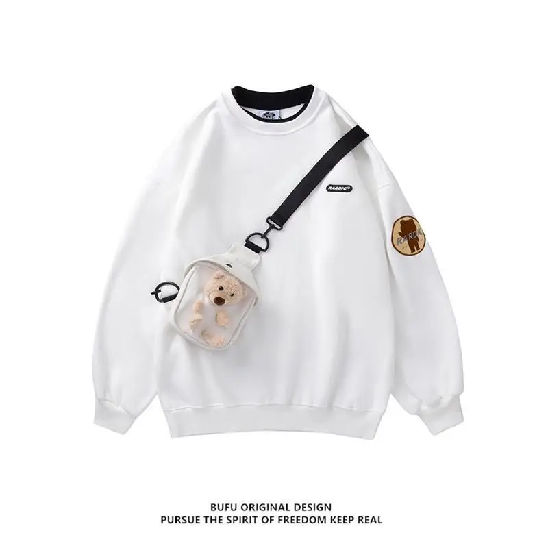 Plush Thick Bear Winter Pullover with Bag Men and Women Loose Couple Fake Two-piece Tops Long Sleeve Solid O-Neck Sweatshirt