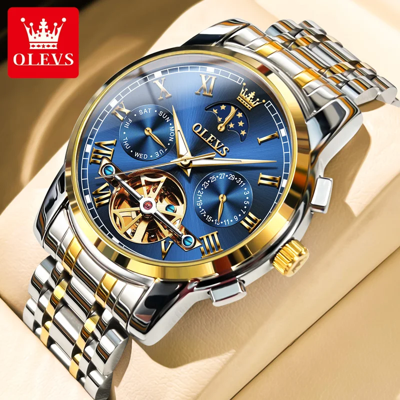 OLEVS Men Watch Automatic Mechanical Watch Stianless Luxury Moon phase SkeletonTourbillon Wristwatch Reloj hombres for mechanical watch