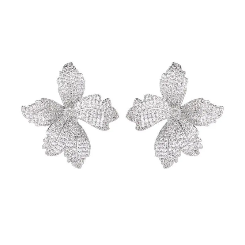 Shining Cubic Zirconia Three-dimensional Flower Studs Earrings for Female Gold Plated Luxury Wedding Jewelry Brand Earings
