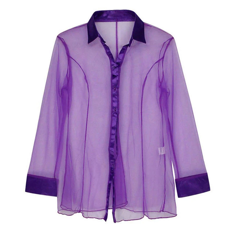 Women's Home Slimming Sexy Perspective Sheer Long Sleeved Shirt Pajamas Women's Sexy Home Casual Pajamas