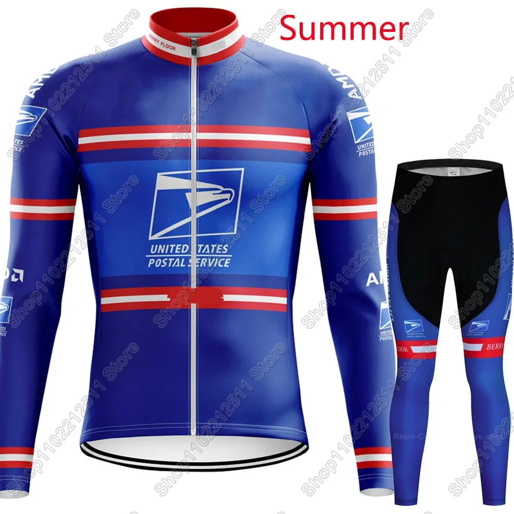 USA-Postal Team Cycling Jersey Set Clothing Suit Mens Summer Winter Long Sleeve MTB Bike Road Pants Bib