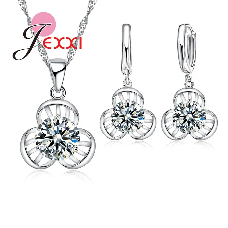 Mode Aushöhlen Blumen Anhänger Halskette Ohrringe Mit Weißen Kristallen 925 Sterling Silber Farbe Schmuck Set Frauen Party