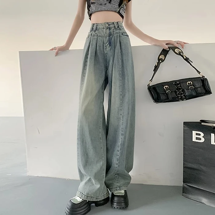 

Vintage drape jeans women's spring and summer design high-waisted Spice Girls small loose straight dragging wide-legged pants