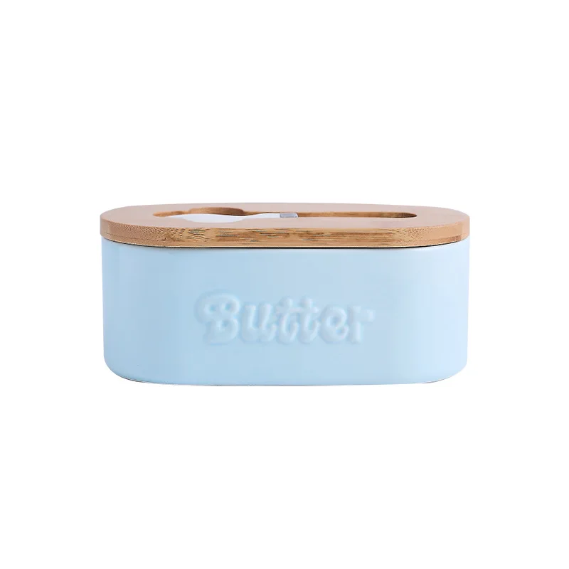 Ceramic Butter Box Butter Box Fresh-keeping Belt Wood with Knife Set Dish Household Cheese Ceramic