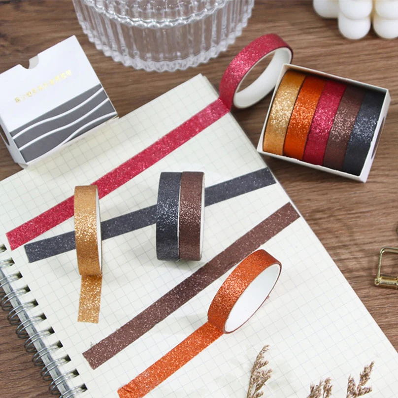 Glitter Washi Tape Journal Supplies 5Rolls Basic Masking Tape Scrapbooking Stationery Album Washitape Decorative Adhesive Tape 4