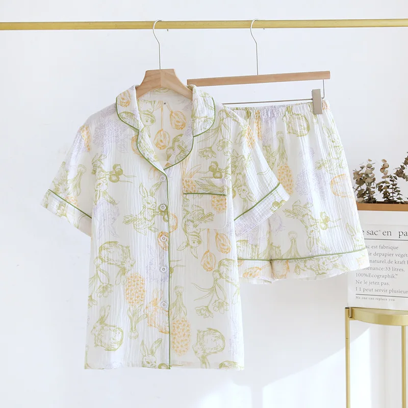 2024 Japanese New Summer Women's Pajama Set 100% Cotton Crepe Short Sleeve Shorts Two Piece Sweet Japanese Home Fury Ladies