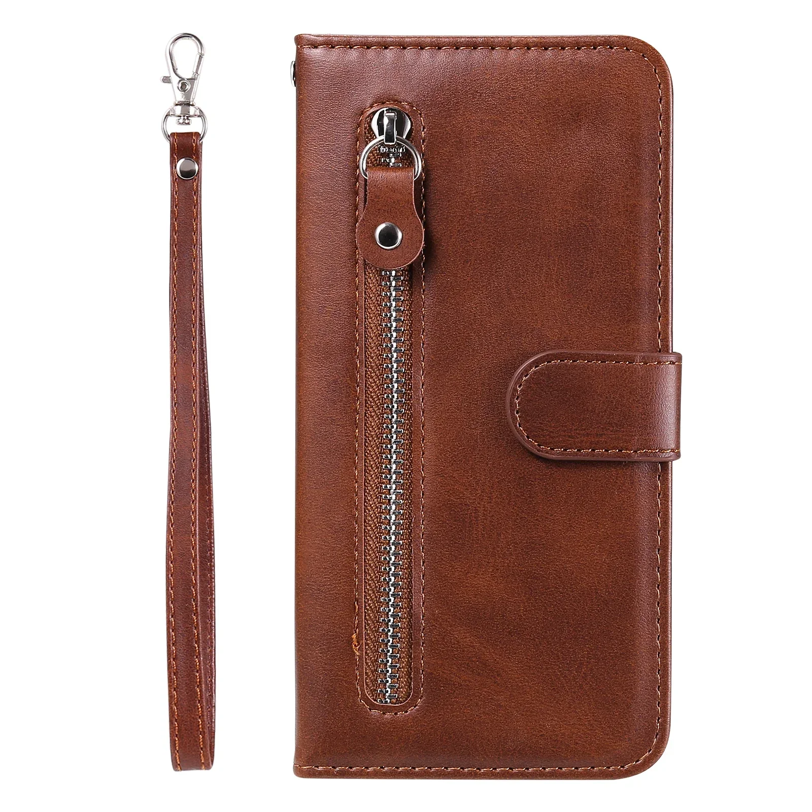 Luxury Zipper Leather Wallet Phone Case with Card Slots and Stand