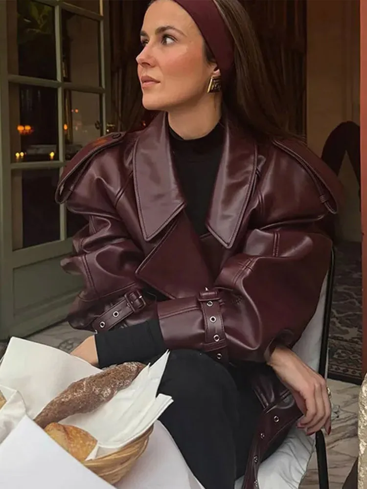 Elegant Women Long Sleeve Leather Jacket Vintage Turn-down Collar Female Short Coat Autumn New Ladies Locomotive Tops Outwear 2