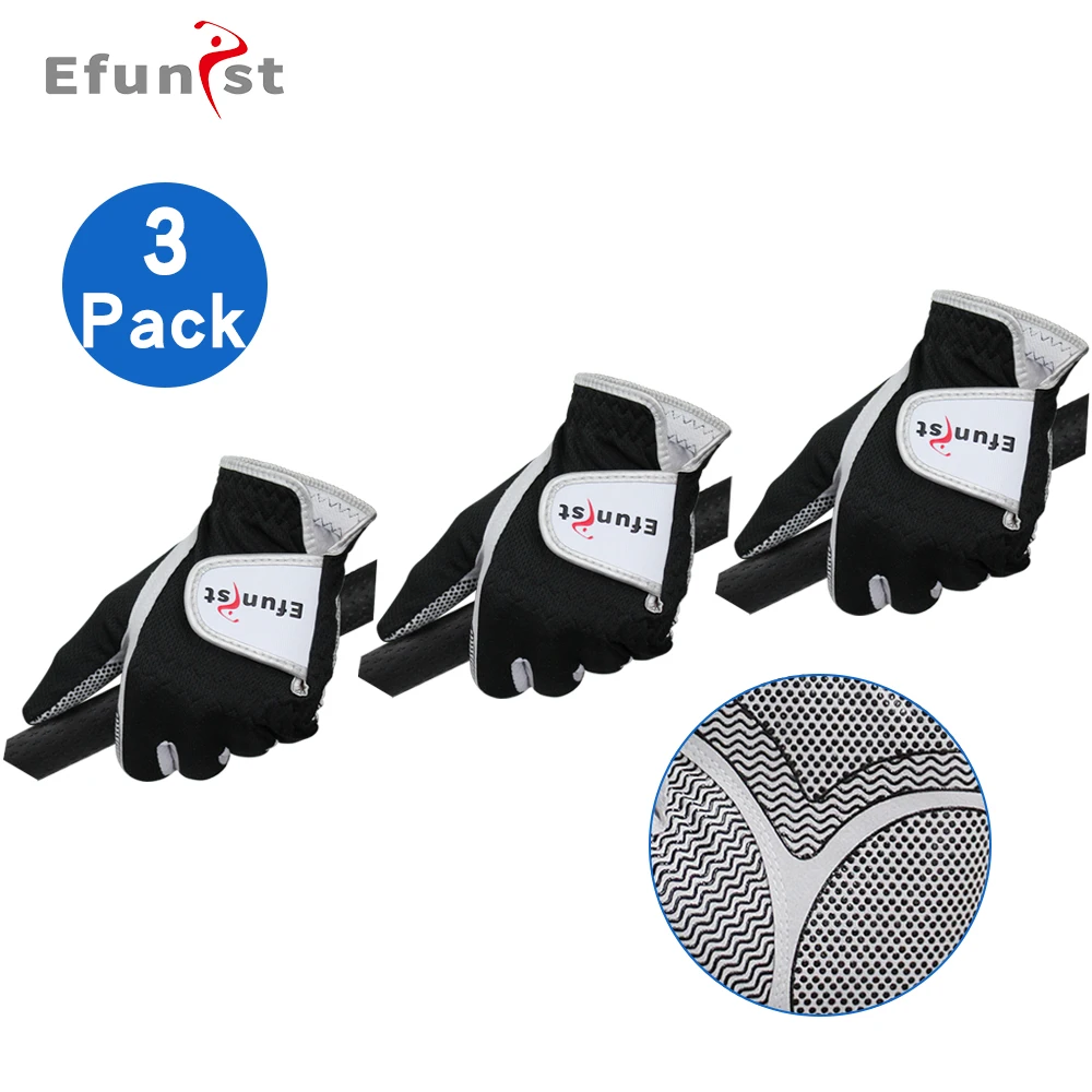 Efunist Golf Glove For Men Non-Slip Patterned Microfiber Black Breathable Left Hand 3D Performance Grip Comfortable Golf Gloves