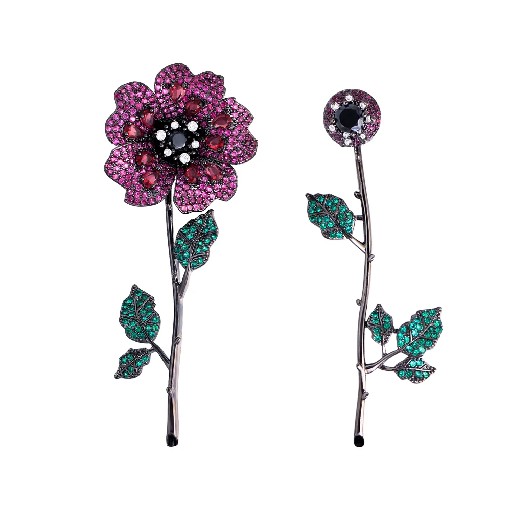 ThreeGraces Delicate Red Green CZ Zircon Removable Design Long Flower Leaf Dangle Earrings for Women Wedding Party Jewelry E1460