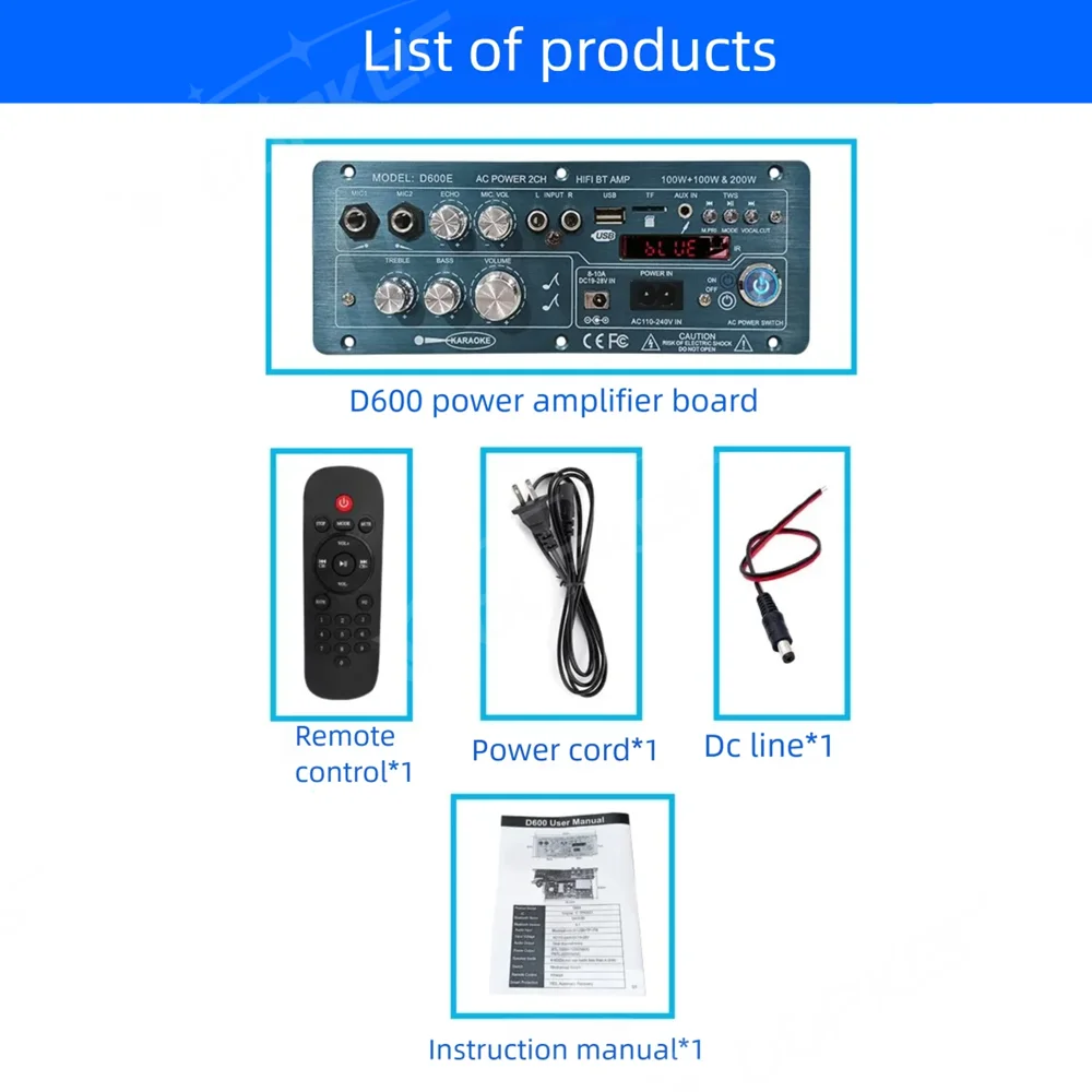 100W+100W+200W D600E Bluetooth 5.0 Amplifier Board with Subwoofer TWS Function