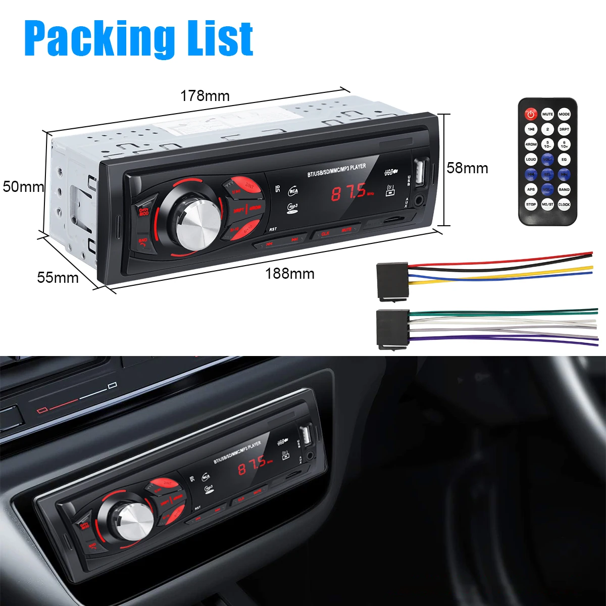 DuoDton Car Radio Audio 1 Din Bluetooth Stereo Hands-Free Calling MP3 Player FM Receiver With AUX/USB/TF Card In Dash Kit