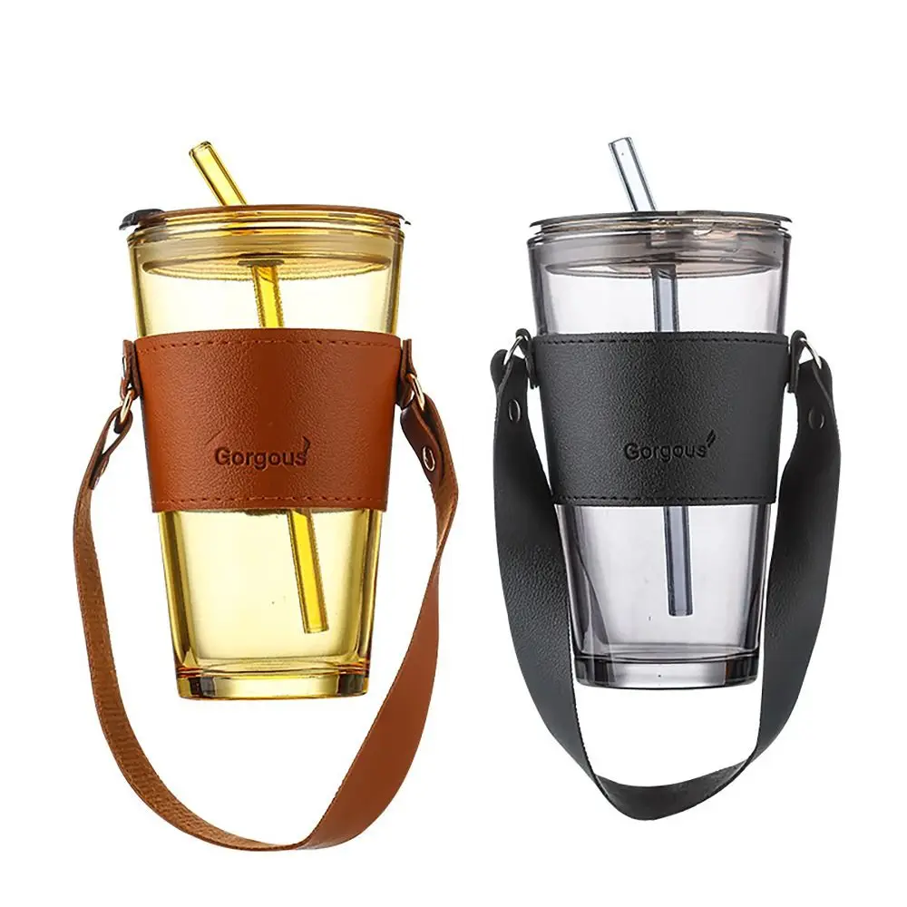 Leather Handle Coffee Cup Portable with Straw 400-500ml Drinking Cup Double Drinking Glass Water Cup School Office - Imagen 5